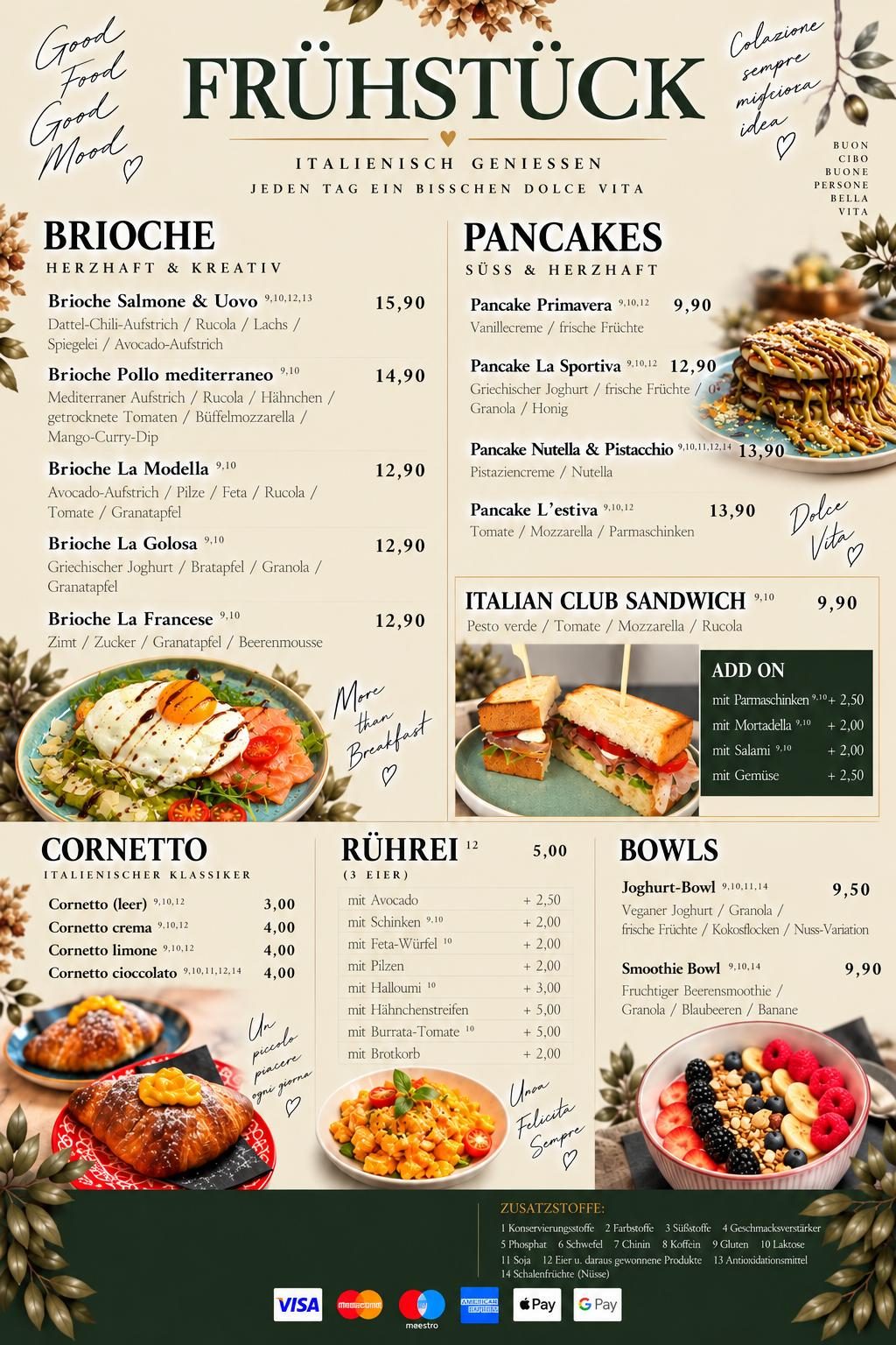 Frühstückskarte des Genuss Atelier: Brioche, Pancakes, Club Sandwich, Cornetto, Rührei und Bowls mit Preisen