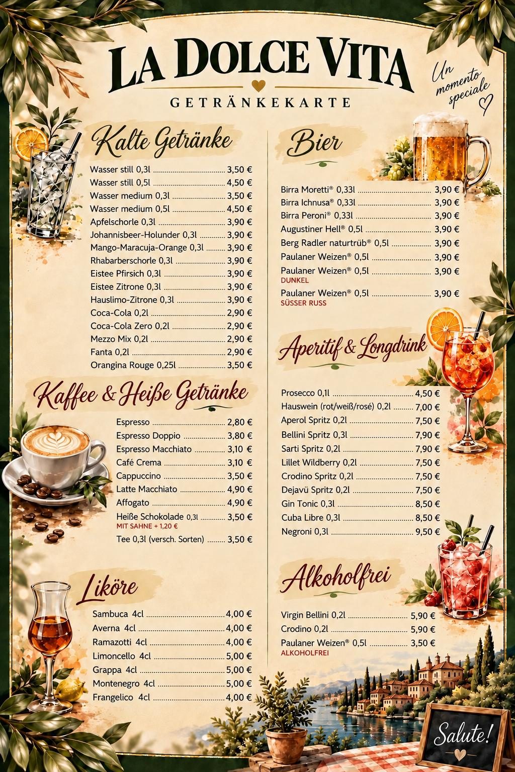Getränkekarte des Genuss Atelier: kalte und heiße Getränke, Bier, Aperitif, Liköre und alkoholfreie Getränke mit Preisen