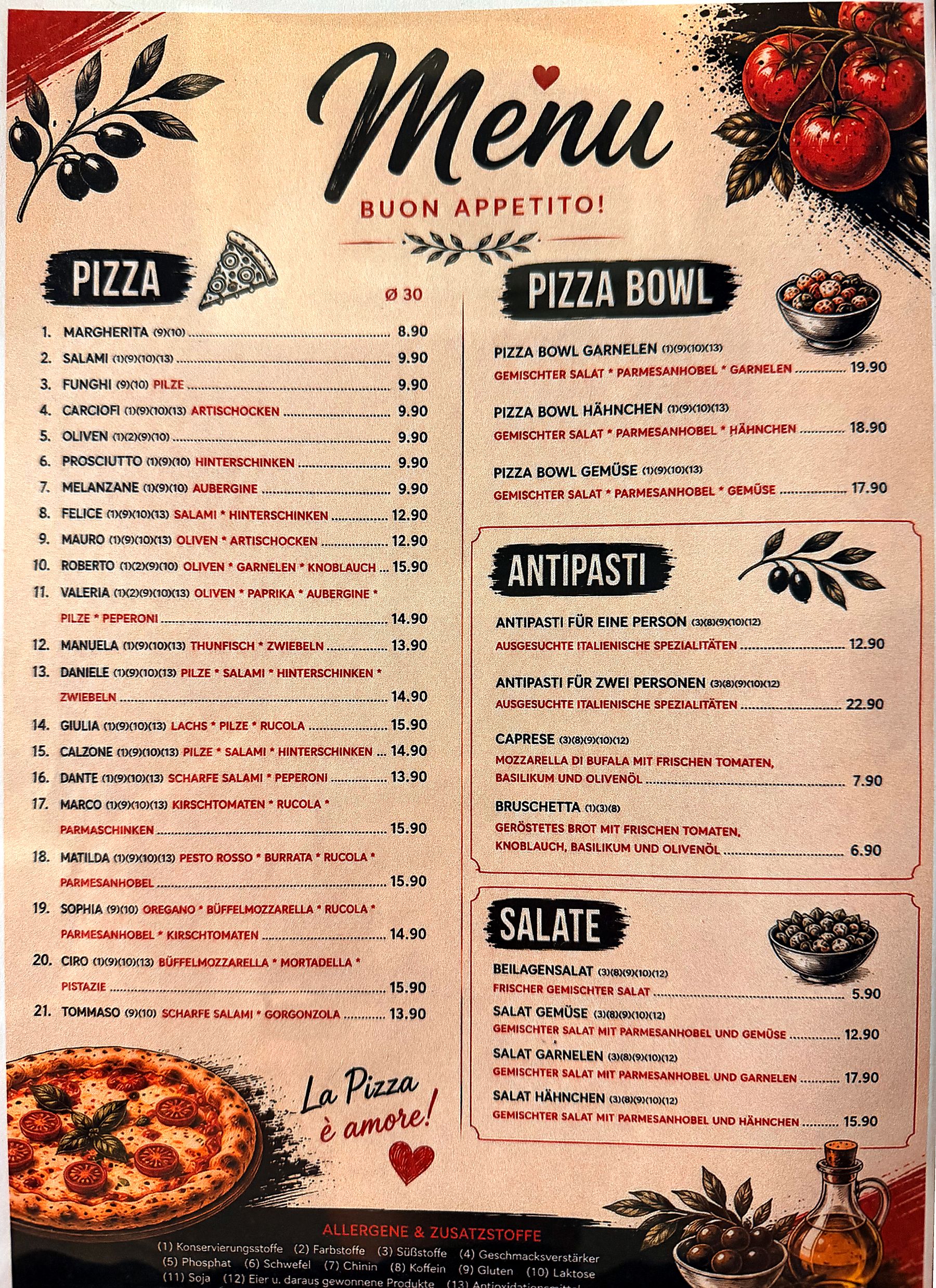 Speisekarte des Genuss Atelier, Seite Menu: Pizza, Pizza Bowl, Antipasti und Salate mit Preisen