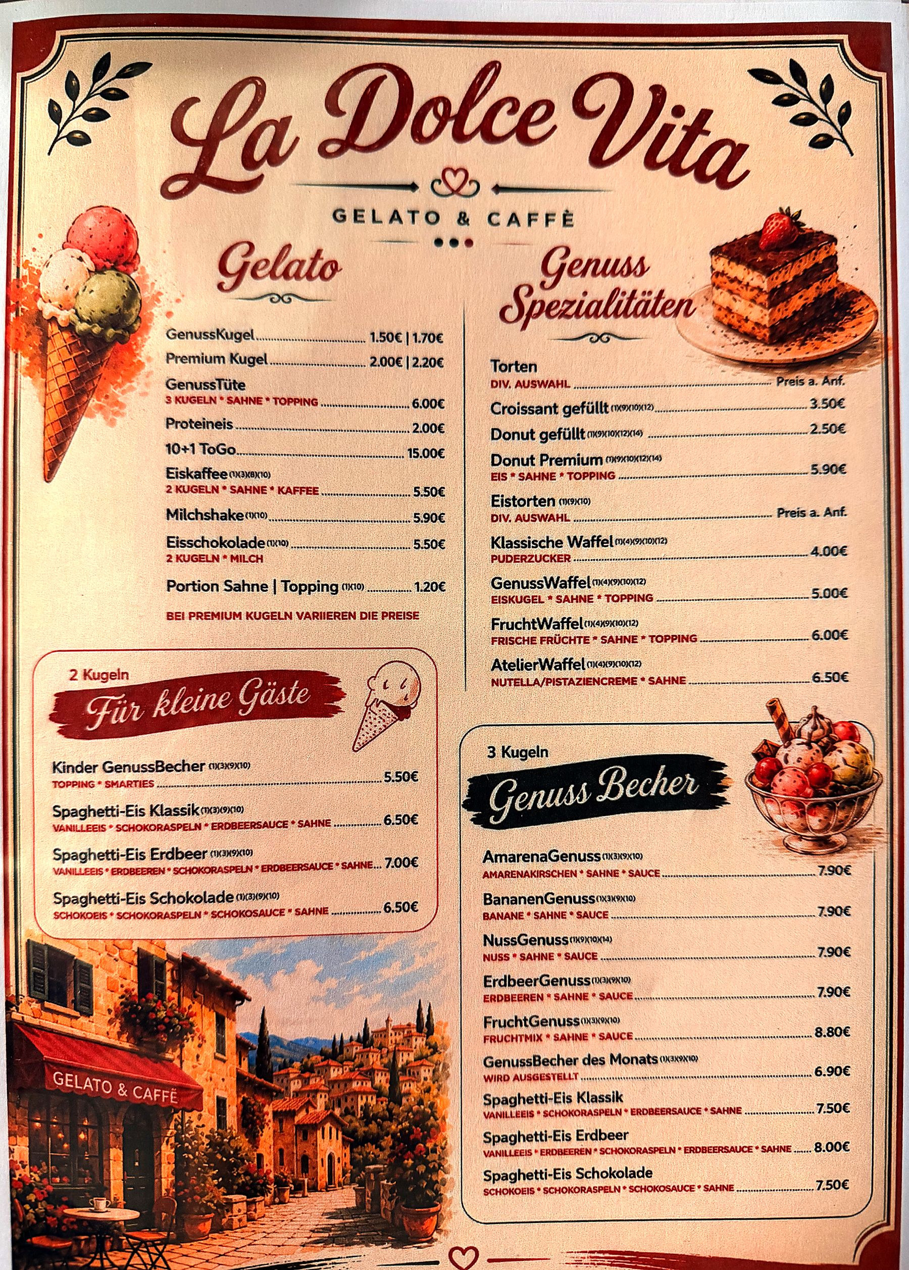 Speisekarte des Genuss Atelier, Seite La Dolce Vita: Gelato, Waffeln, Kinderbecher und Eisbecher mit Preisen